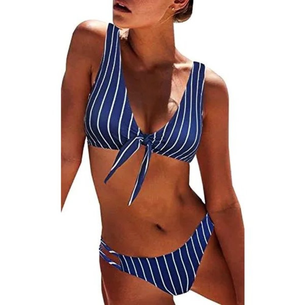 Blooming Jelly Pinstripe Knot Front Bikini M
